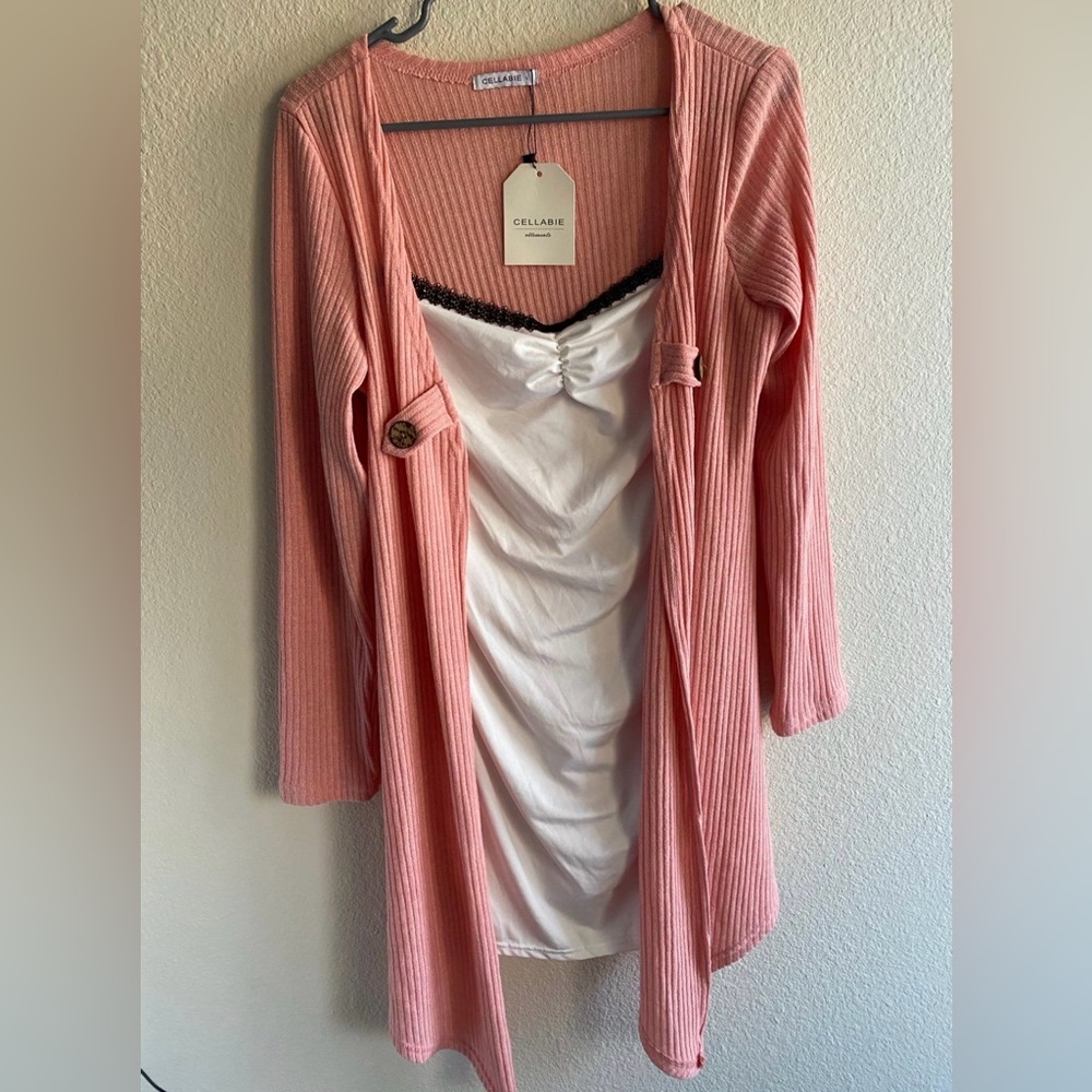 Cellabie Blush Pink Ribbed with Built-In Cami & Lace Trim Women’s Cardigan